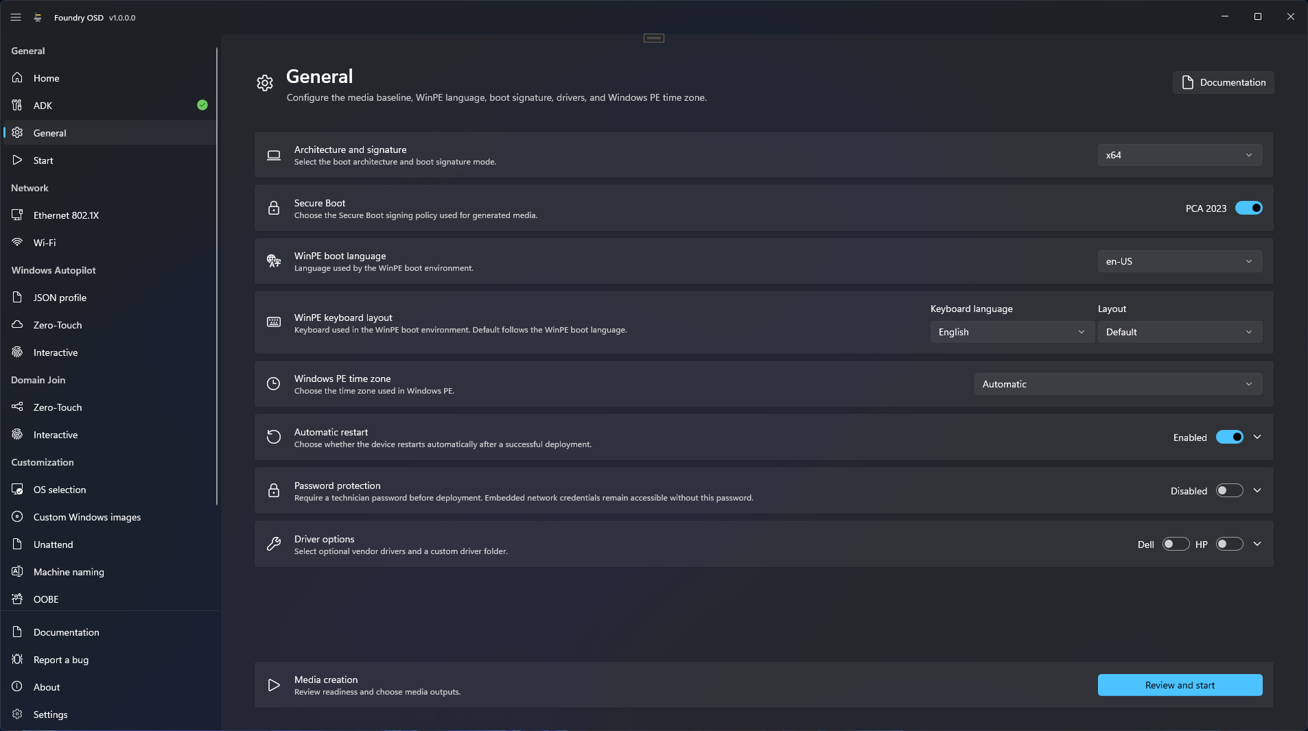 General page with Architecture and signature, Secure Boot, WinPE boot language, WinPE keyboard layout on English and Default, Windows PE time zone on Automatic, Automatic restart, Password protection and Driver options, and the Media creation card