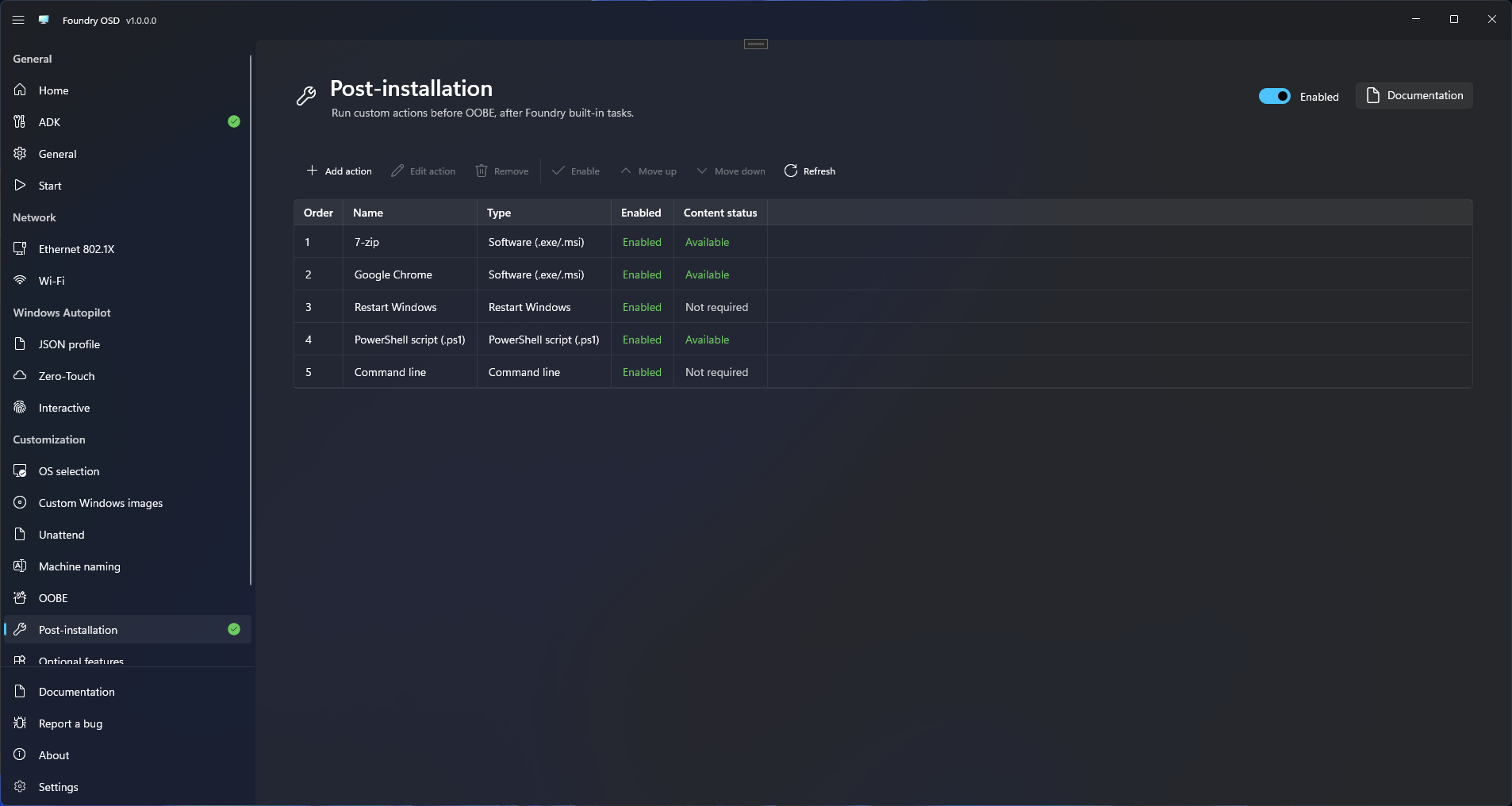 Foundry OSD Post-installation page showing five enabled actions: two software installations, a restart, a PowerShell script and a command line