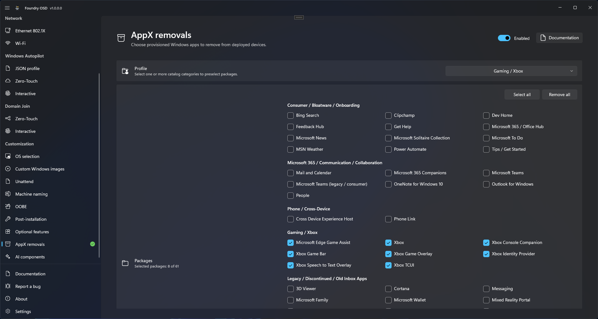 Foundry OSD AppX removals page with the Profile box, the Select all and Remove all buttons, and the apps grouped under Packages