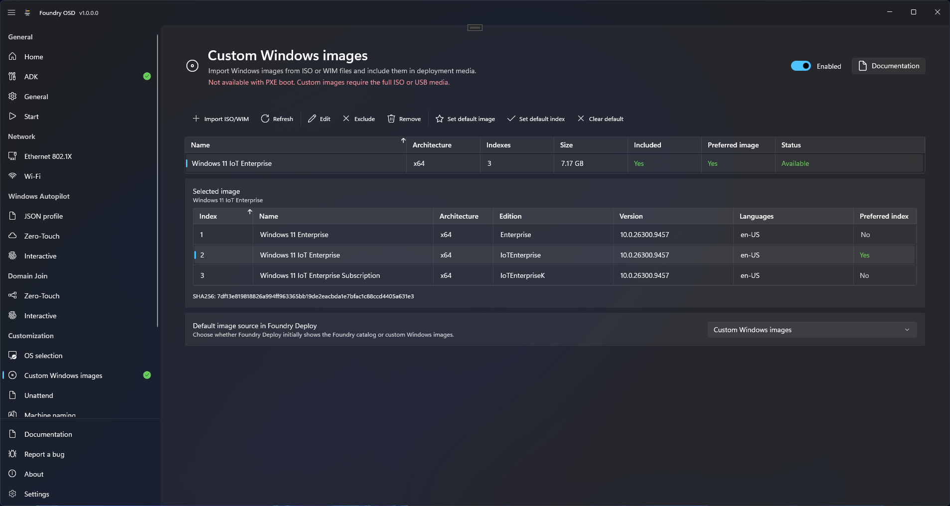 Foundry OSD Custom Windows images page with the PXE warning under its title, the command bar, one included image, its three indexes under Selected image and the Default image source in Foundry Deploy setting